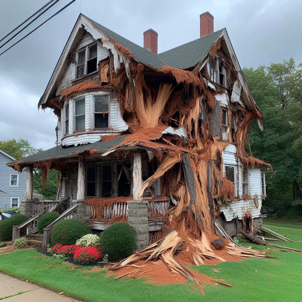 Damaged tree on an Naperville home showing signs of disease and decay